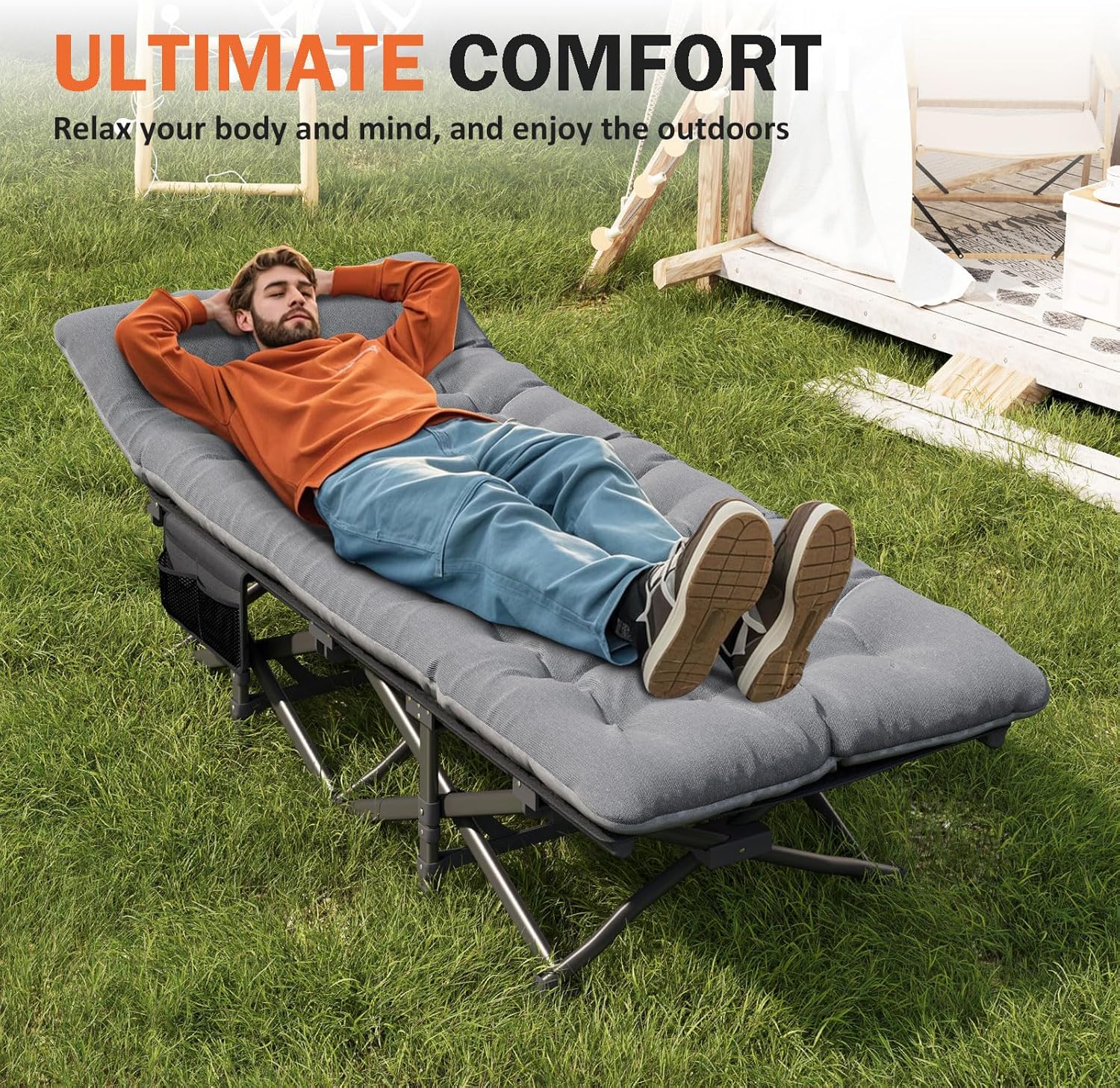 ATORPOK Camping Cot for Adults with Cushion Comfortable, Portable Folding Bed for Sleeping Supports 450 lbs (Gray)